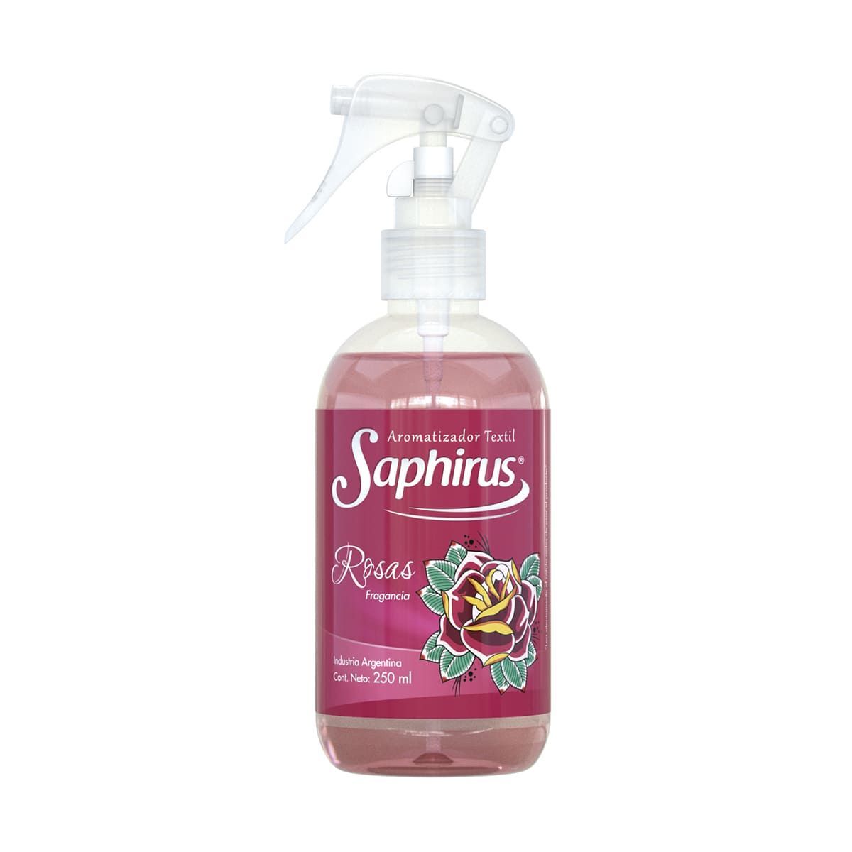 Botella spray de ambientador Saphirus, líquido rosa, aroma floral.