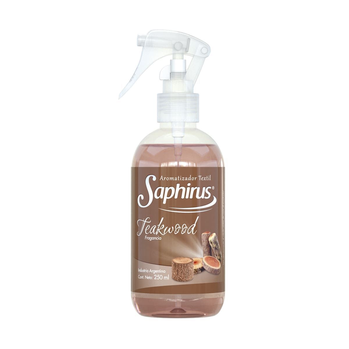 Botella marrón de ambientador en spray Saphirus Teakwood.