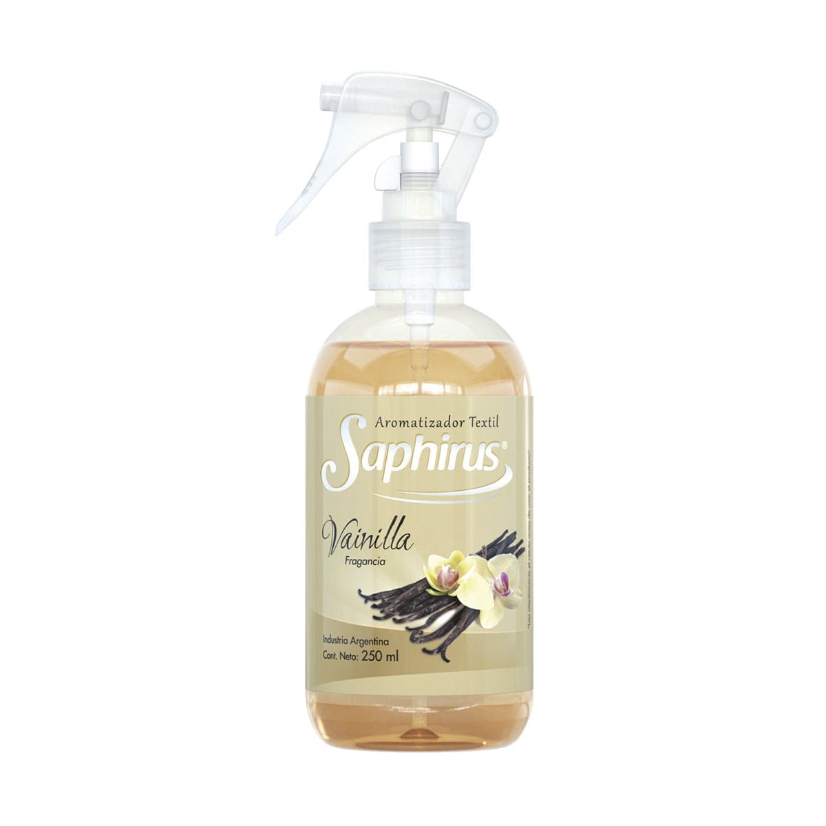 Botella de ambientador Saphirus Vainilla. Botella transparente con boquilla pulverizadora e ilustración de una vaina de vainilla.