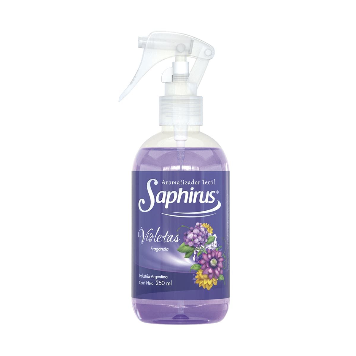 Botella spray de ambientador de color morado con diseño floral y la marca “Saphirus”.