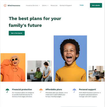 Family planning website homepage with bold headline, smiling child photo, and plan feature tiles