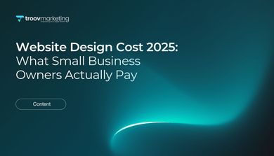 Website banner with teal gradient: “Website Design Cost 2025: What Small Business Owners Actually Pay” and a button