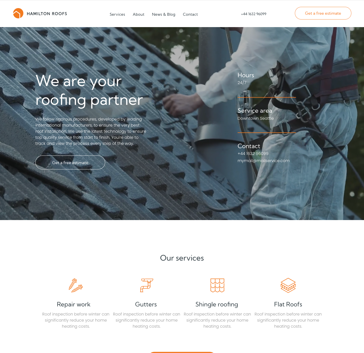 Roofing company website homepage with hero image of a roofer and roof tiles
