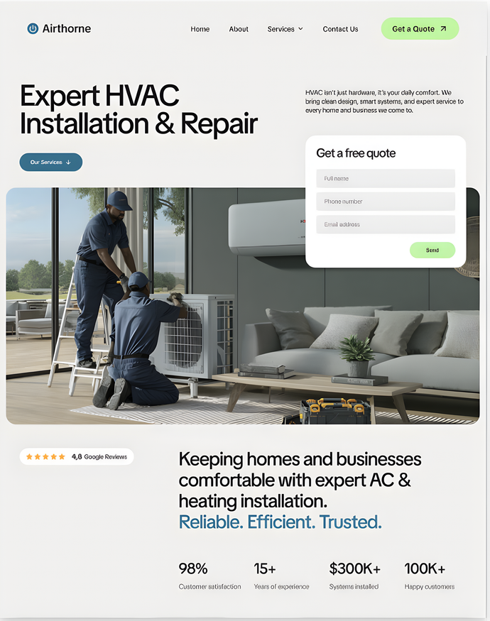 HVAC service website homepage with technician repairing an air conditioner in a modern living room