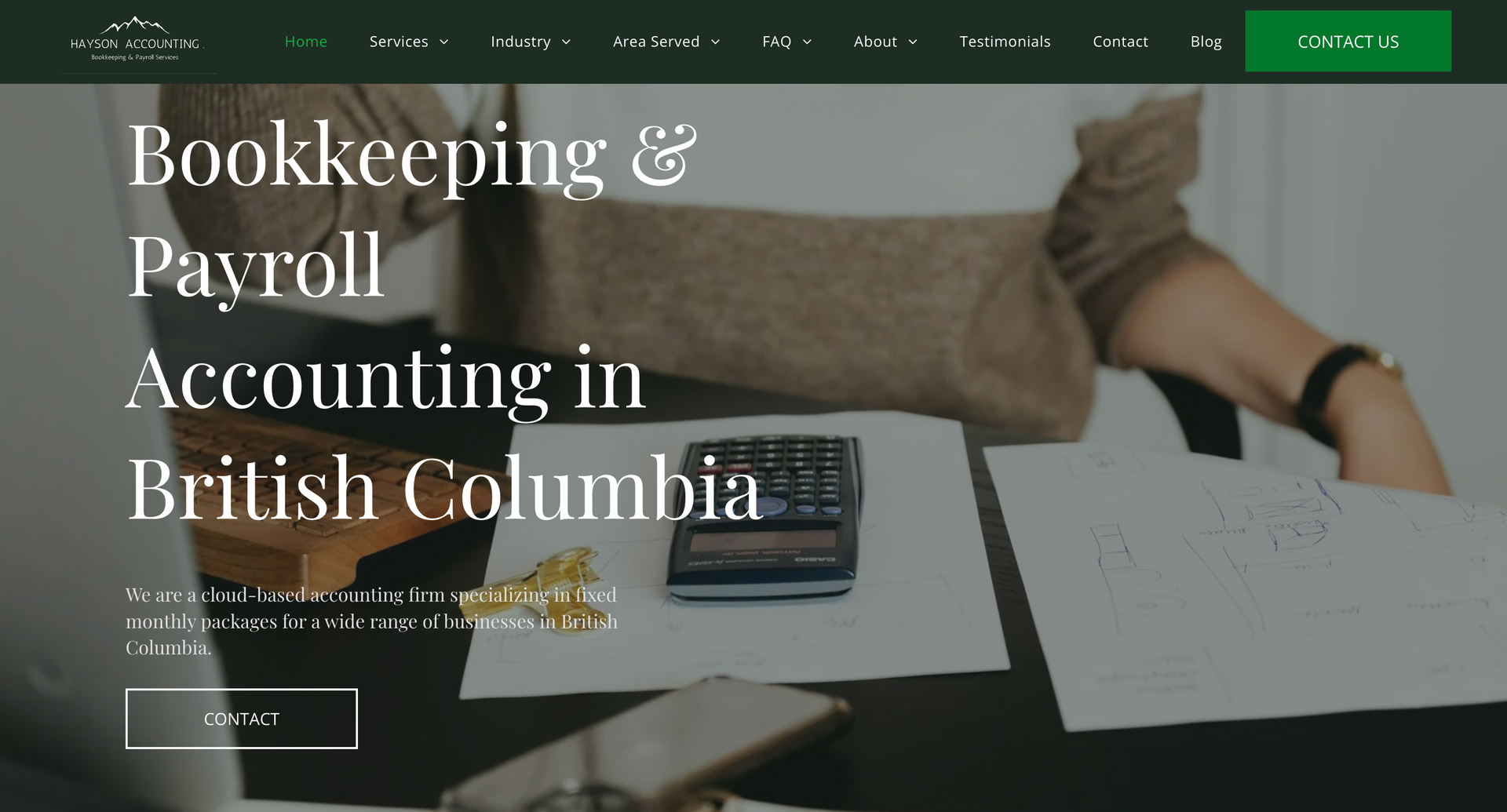 Website hero banner for bookkeeping and payroll accounting in British Columbia, with desk and calculator background