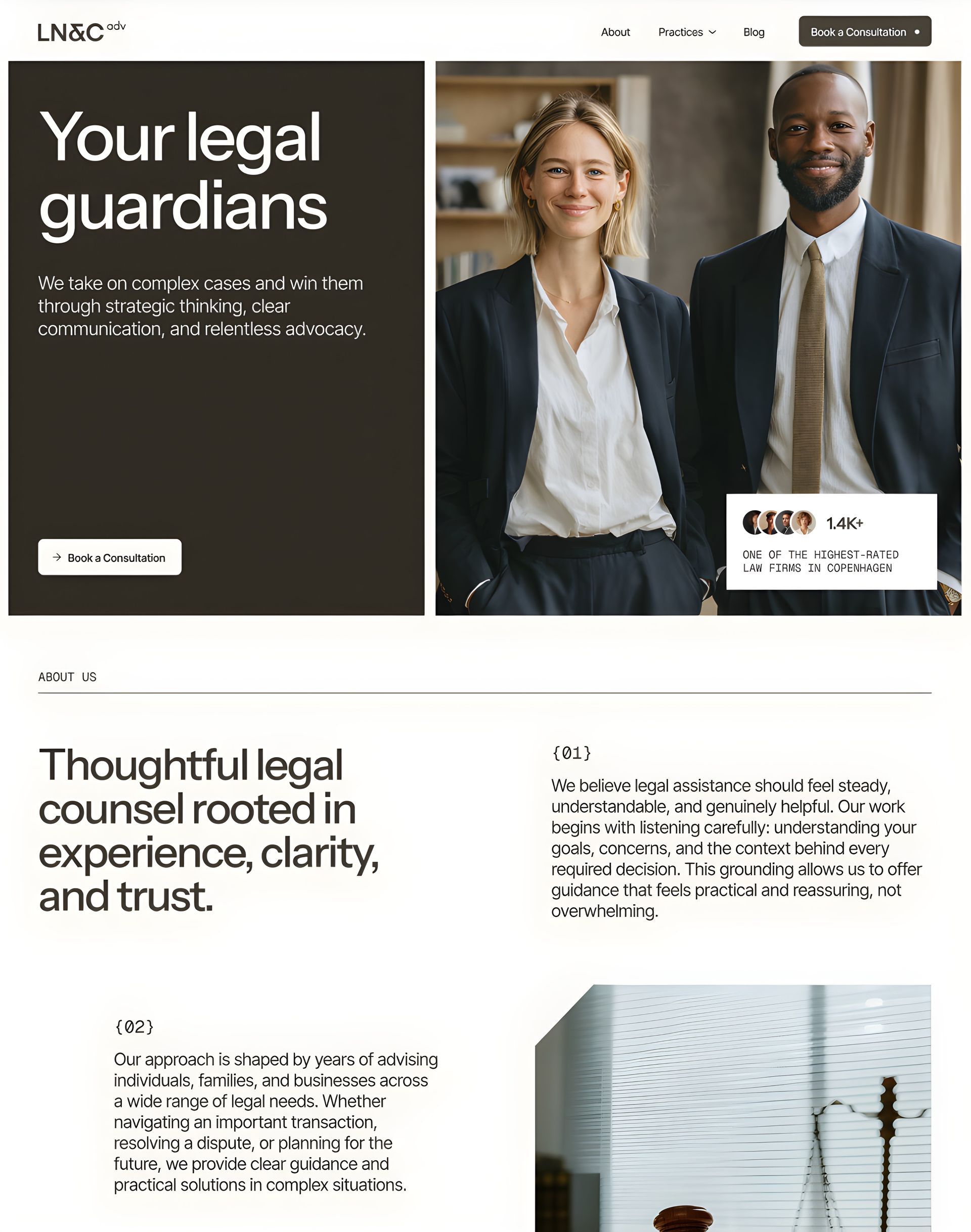 Legal services website homepage with “Your legal guardians” headline and two professionals in business attire.