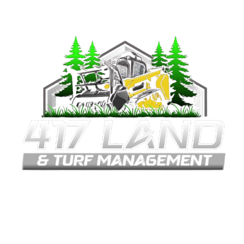 Logo for 417 Land & Turf Management featuring a skid steer, trees, and text.