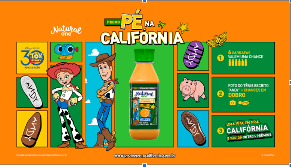  promocional da campanha De Pé na Califórnia com Toy Story, Disney e Natural One em destaque.