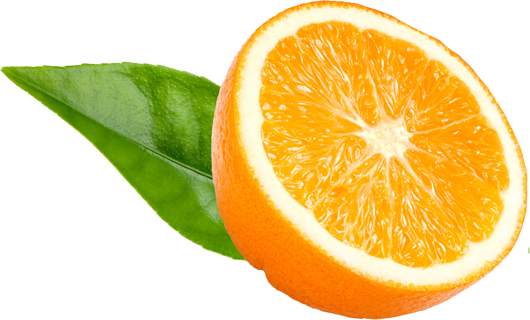 Uma laranja fatiada com uma folha verde