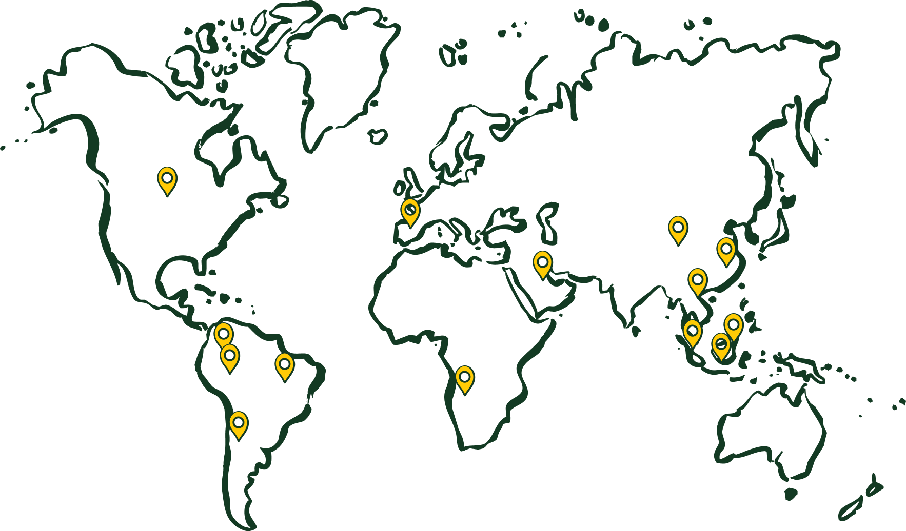 Um mapa do mundo verde e branco com círculos amarelos.