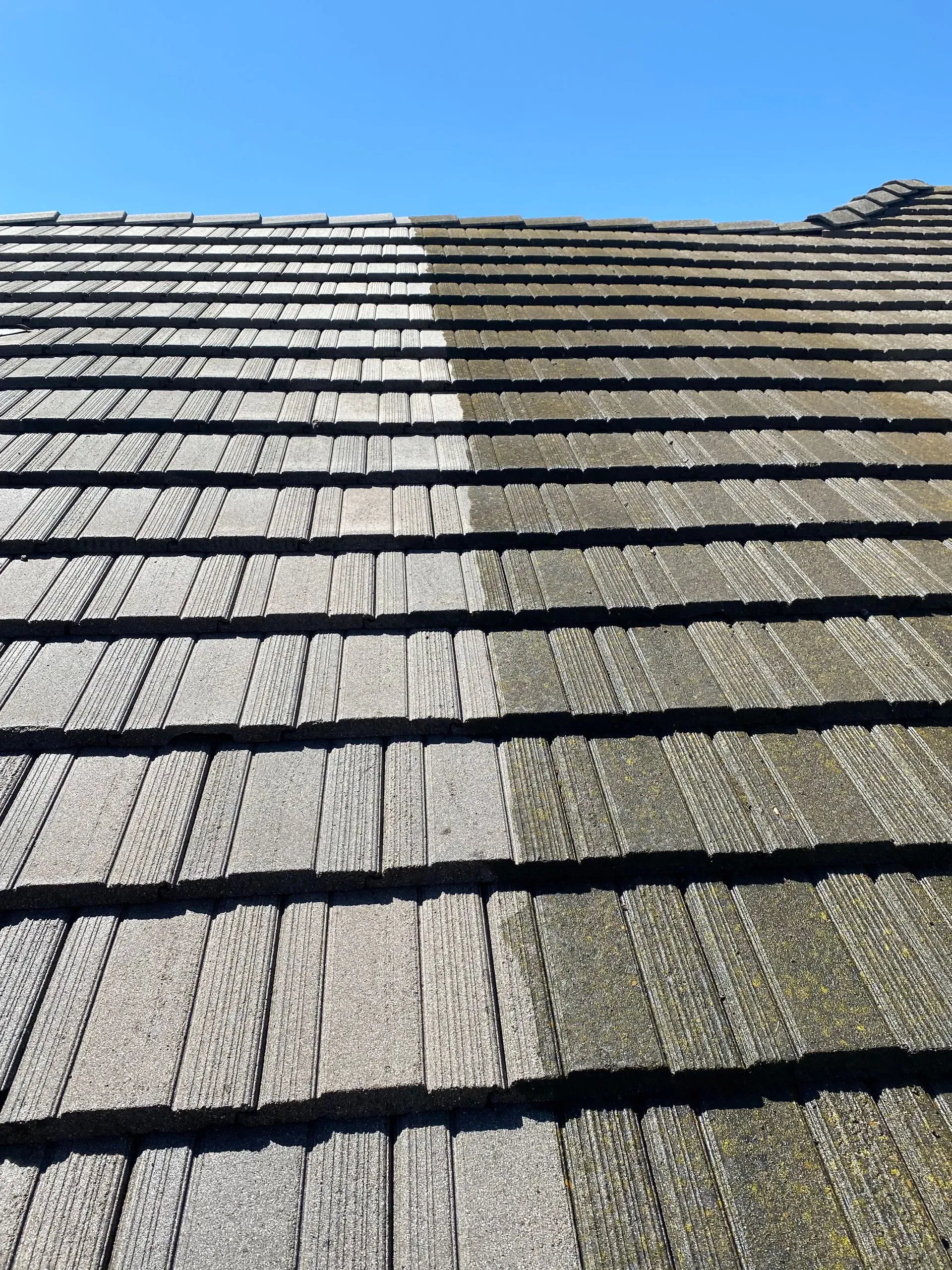 A before and after picture of a wooden roof.