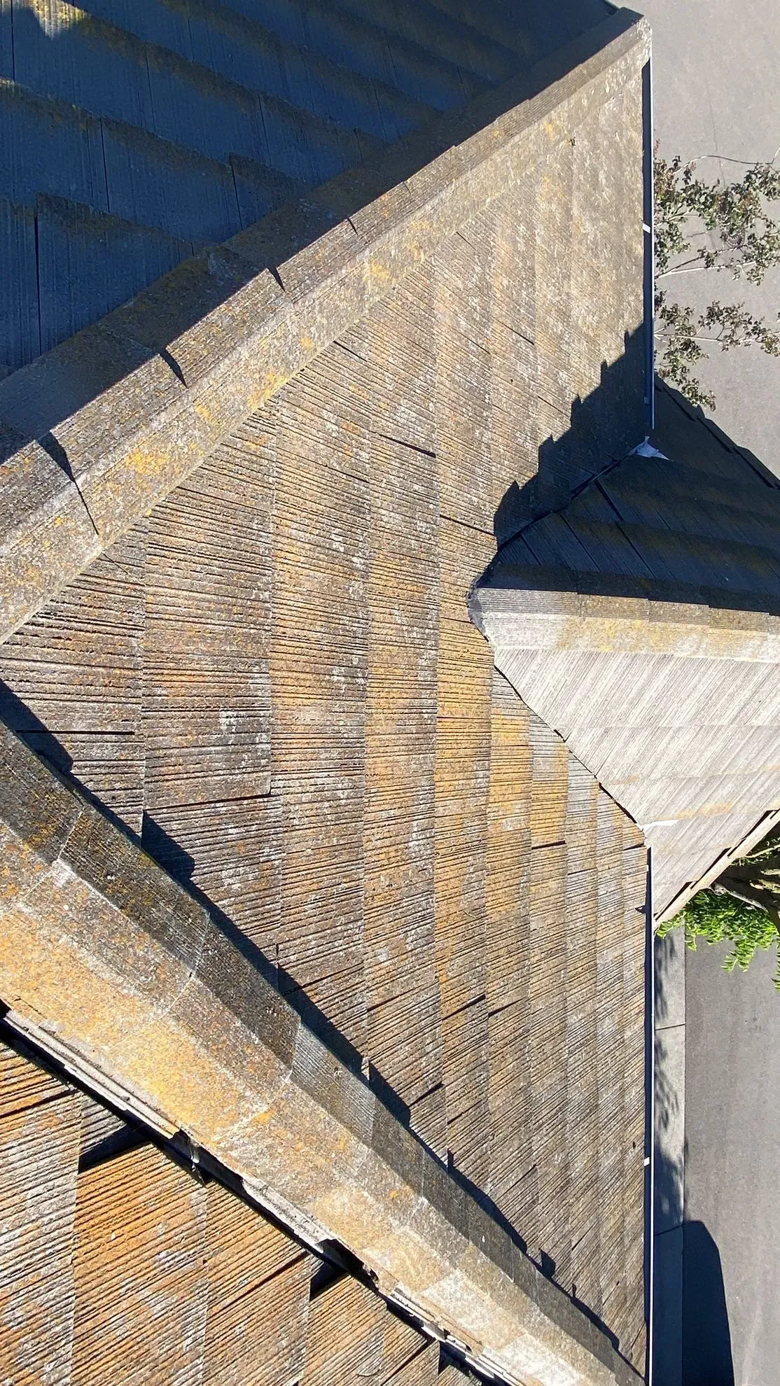 An aerial view of the roof of a building.