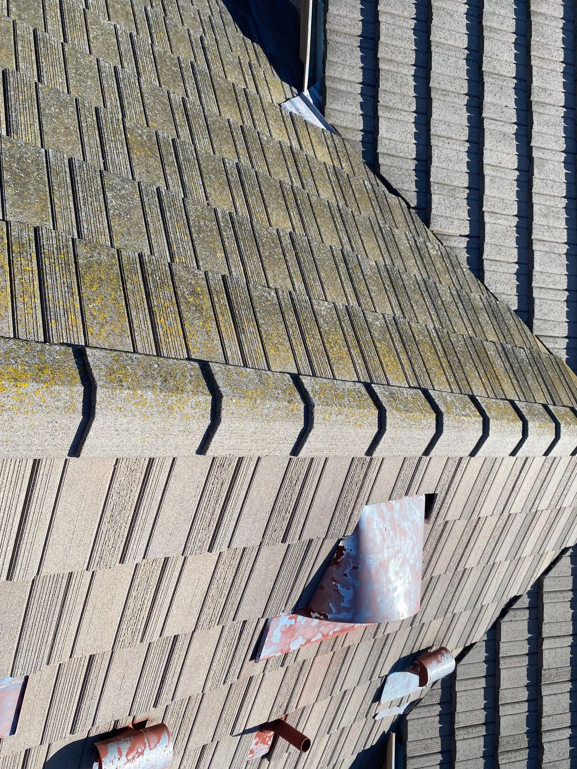 An aerial view of a roof of a building