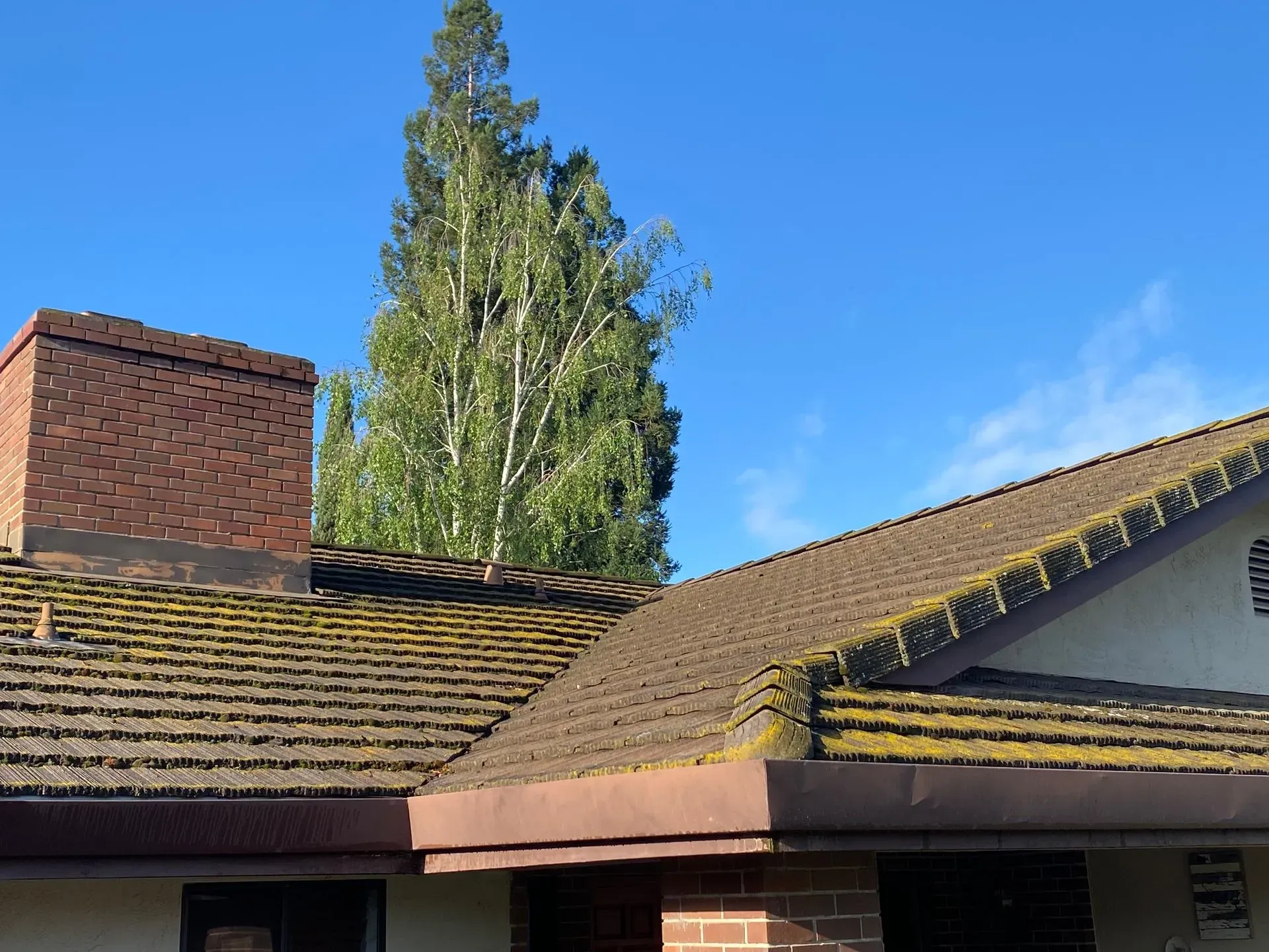 A house with a chimney on the roof and a tree in the background.