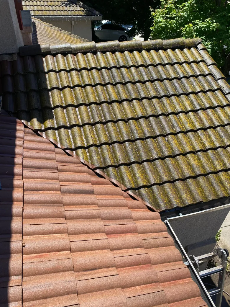 A man is cleaning the roof of a house with a high pressure washer.