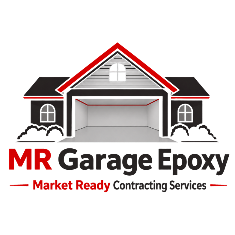 MR Garage Epoxy logo with a gray house and open garage, red and black accents, “Market Ready Contracting Services” text