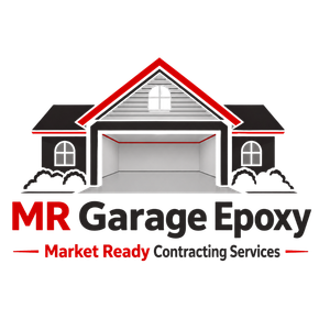 MR Garage Epoxy logo with a gray house and open garage, red and black accents, “Market Ready Contracting Services” text