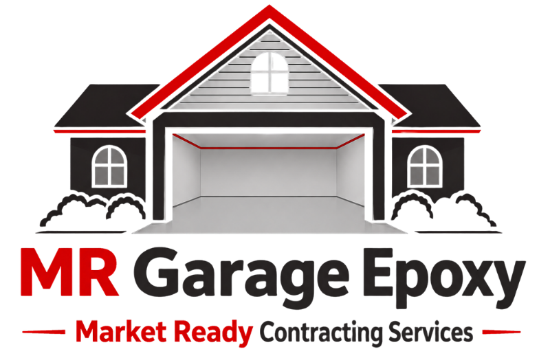 Logo for MR Garage Epoxy, with a house and garage illustration in black, gray, and red, plus “Market Ready Contracting Services”