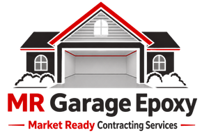 Logo for MR Garage Epoxy, with a house and garage illustration in black, gray, and red, plus “Market Ready Contracting Services”