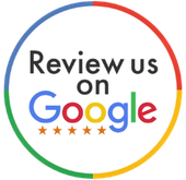 “Review us on Google” badge with multicolor Google logo and five stars in a circular border