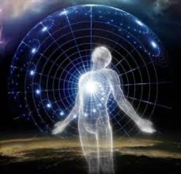 A silhouette of a person with a light coming out of their chest.