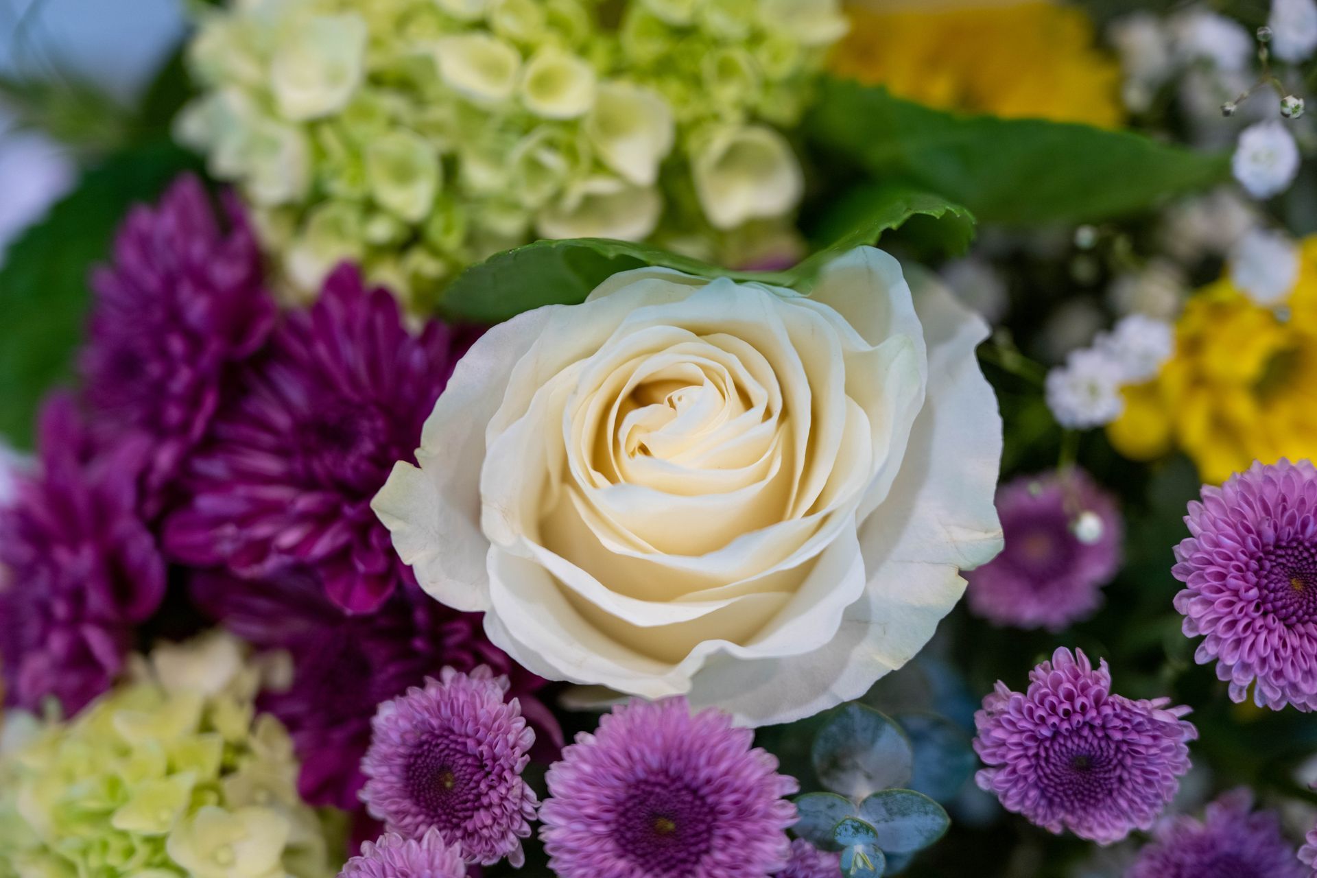 A close up of a white rose in a bouquet of flowers.