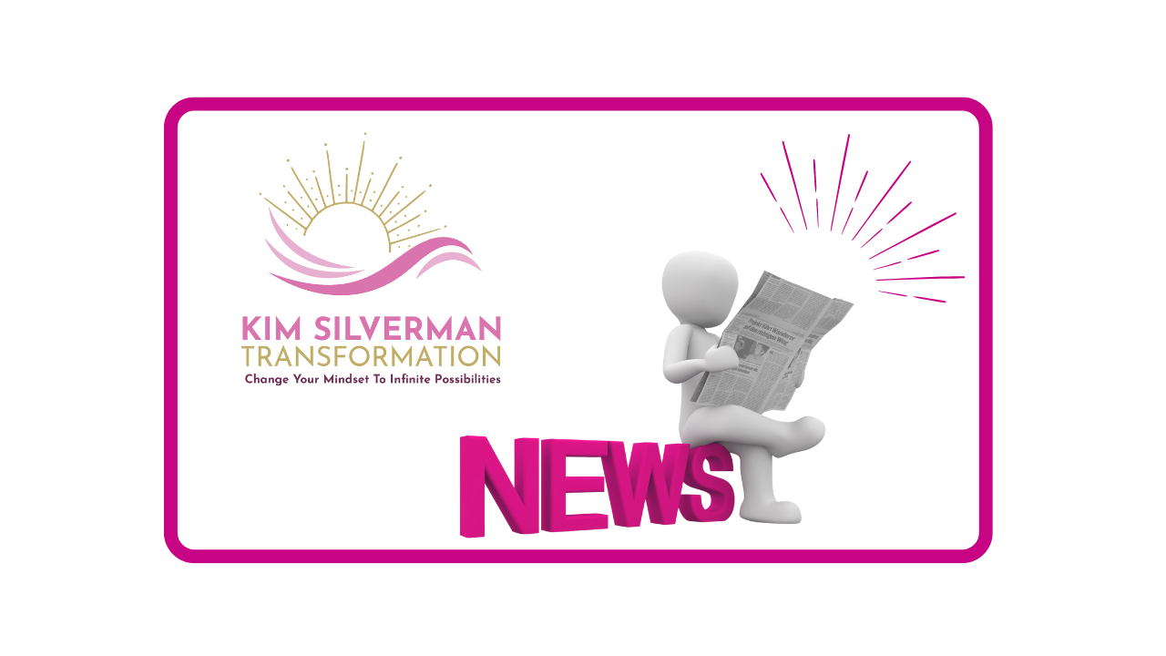 A man is reading a newspaper on a pink background with Kim Silverman Transformation logo next to it.