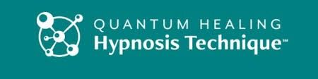 The quantum healing hypnosis technique logo is on a blue background.