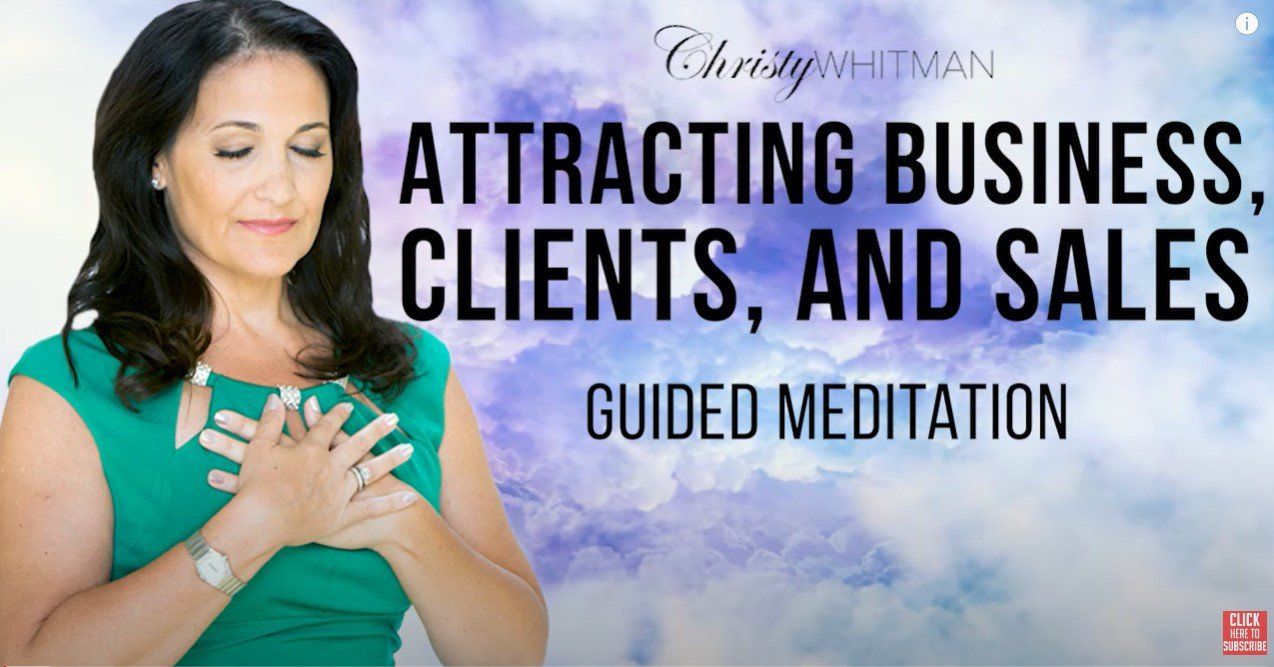 Christy Whitman in a green shirt is doing a guided meditation on attracting business , clients , and sales.