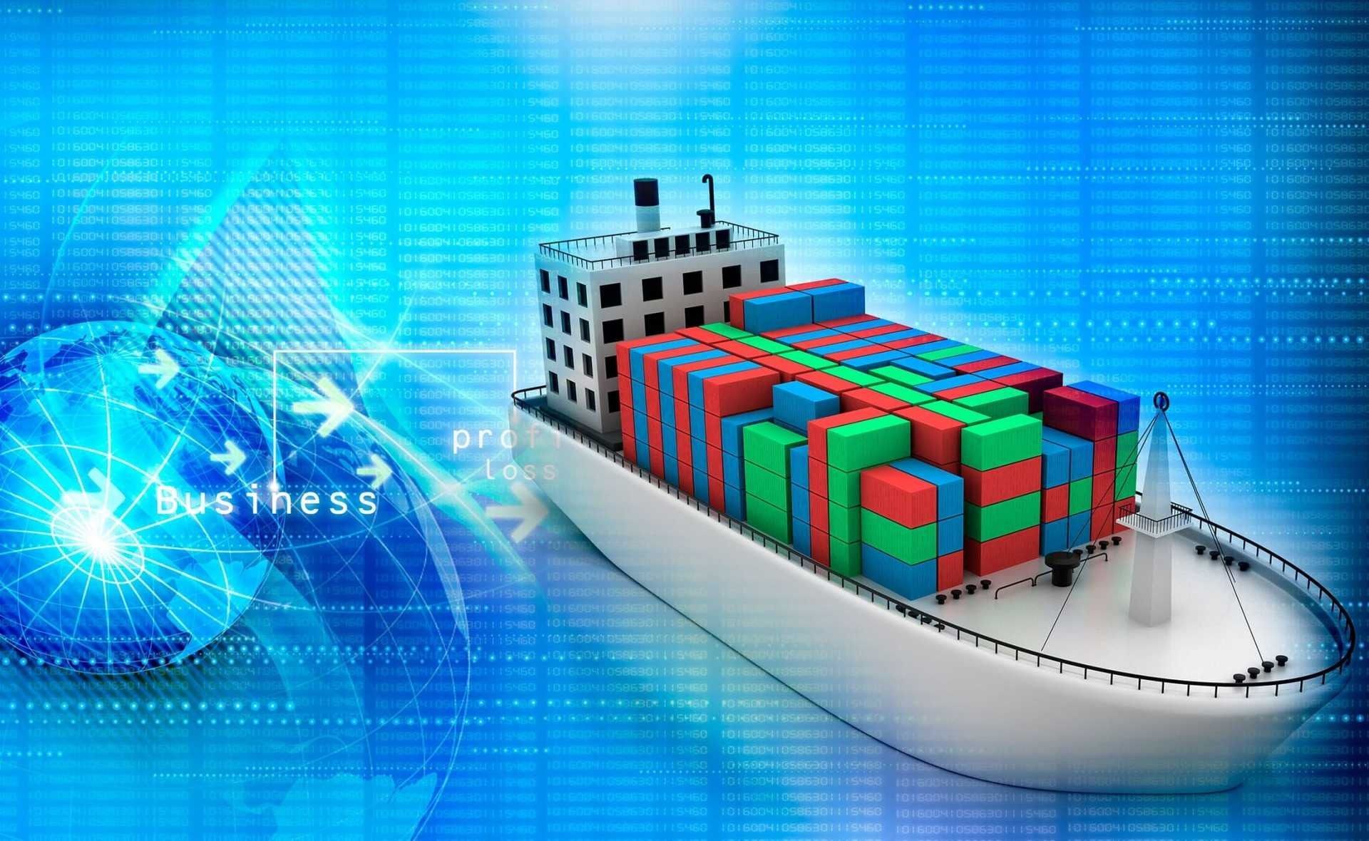 Un gran barco lleno de muchos contenedores sobre un fondo azul.