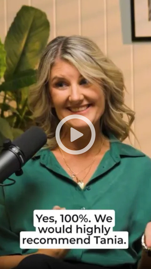 Smiling woman in a green shirt speaking into a microphone, with caption recommending Tania.