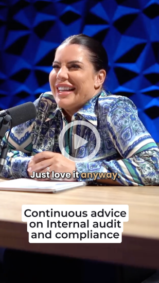 Woman smiling at a microphone in a podcast studio, with on-screen text about internal audit and compliance