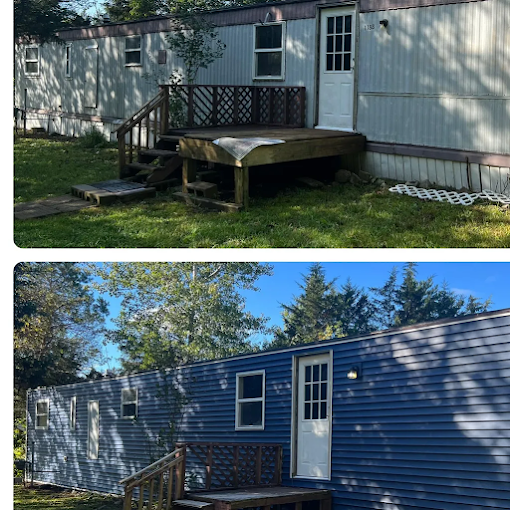 A before and after picture of a mobile home