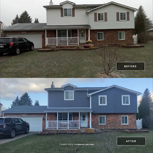 A before and after photo of a brick house