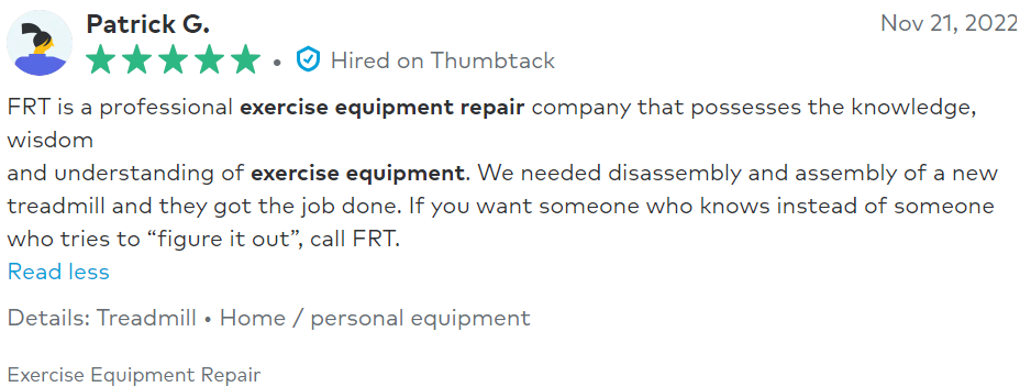 A review of a treadmill repair company written by patrick g.