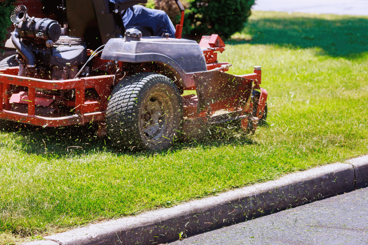 Red lawn mower mowing grass beside a curb, spraying clippings in a sunny yard.