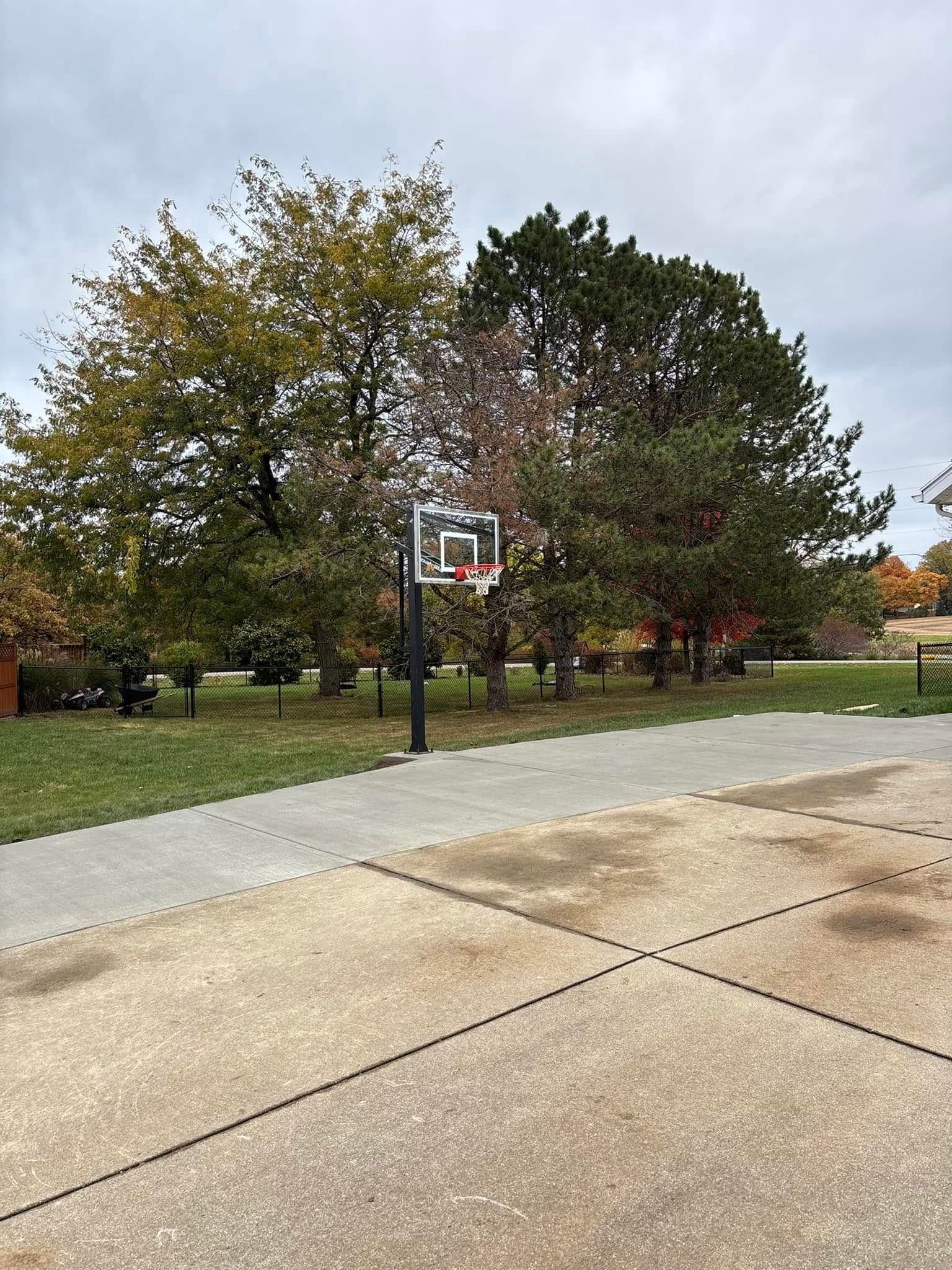 Basketball hoop on a concrete court, trees in the background, overcast sky.