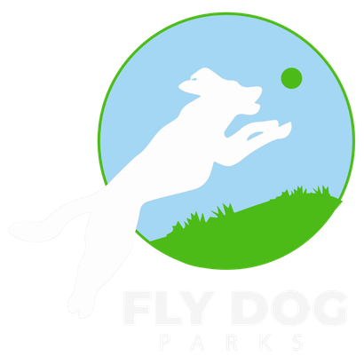 A logo for fly dog parks shows a dog catching a frisbee