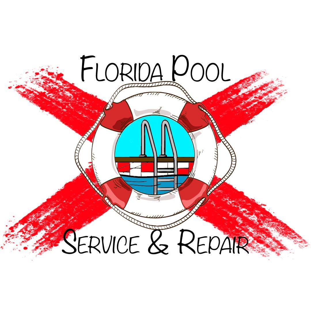 Logo for Florida Pool Service & Repair: Life preserver over pool scene with red cross background.
