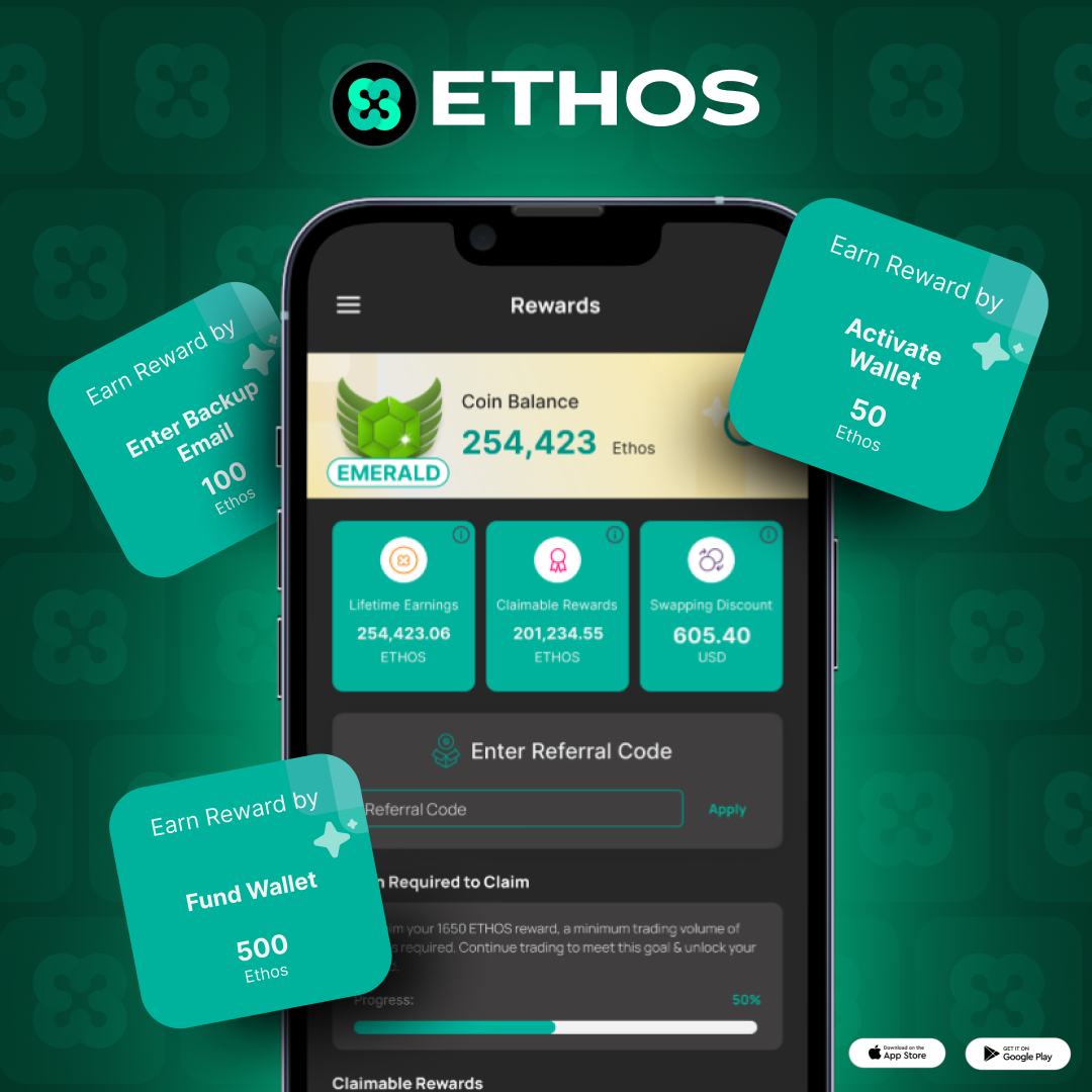 A cell phone with a ethos app on it.