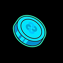 A blue coin with a green outline on a black background.