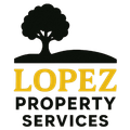 Logo for Lopez Property Services, featuring a tree on a hill above the name in yellow and black.