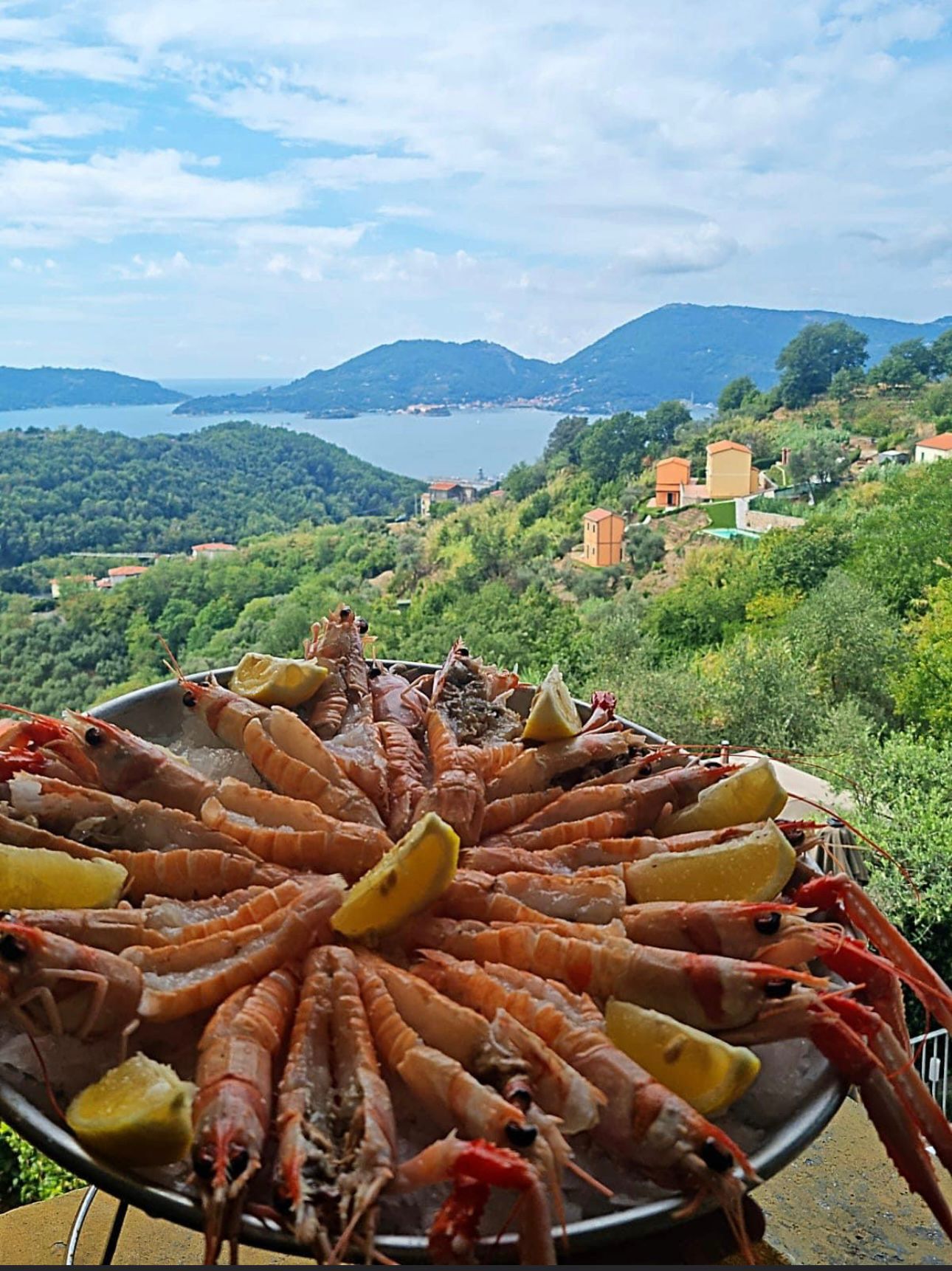 una portata di pesce con il panorama sullo sfondo