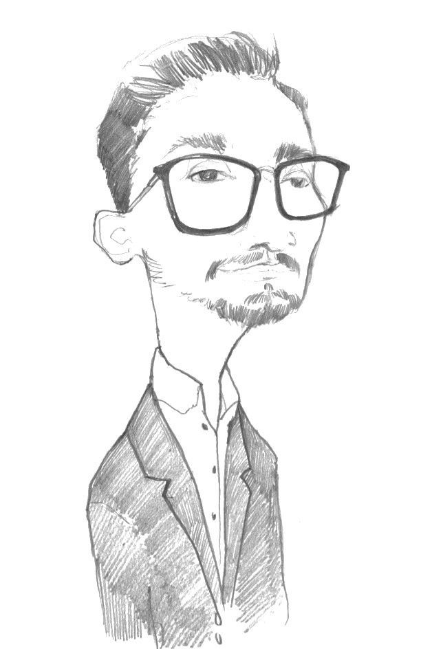 Un dessin en noir et blanc d'un homme portant des lunettes et un costume.