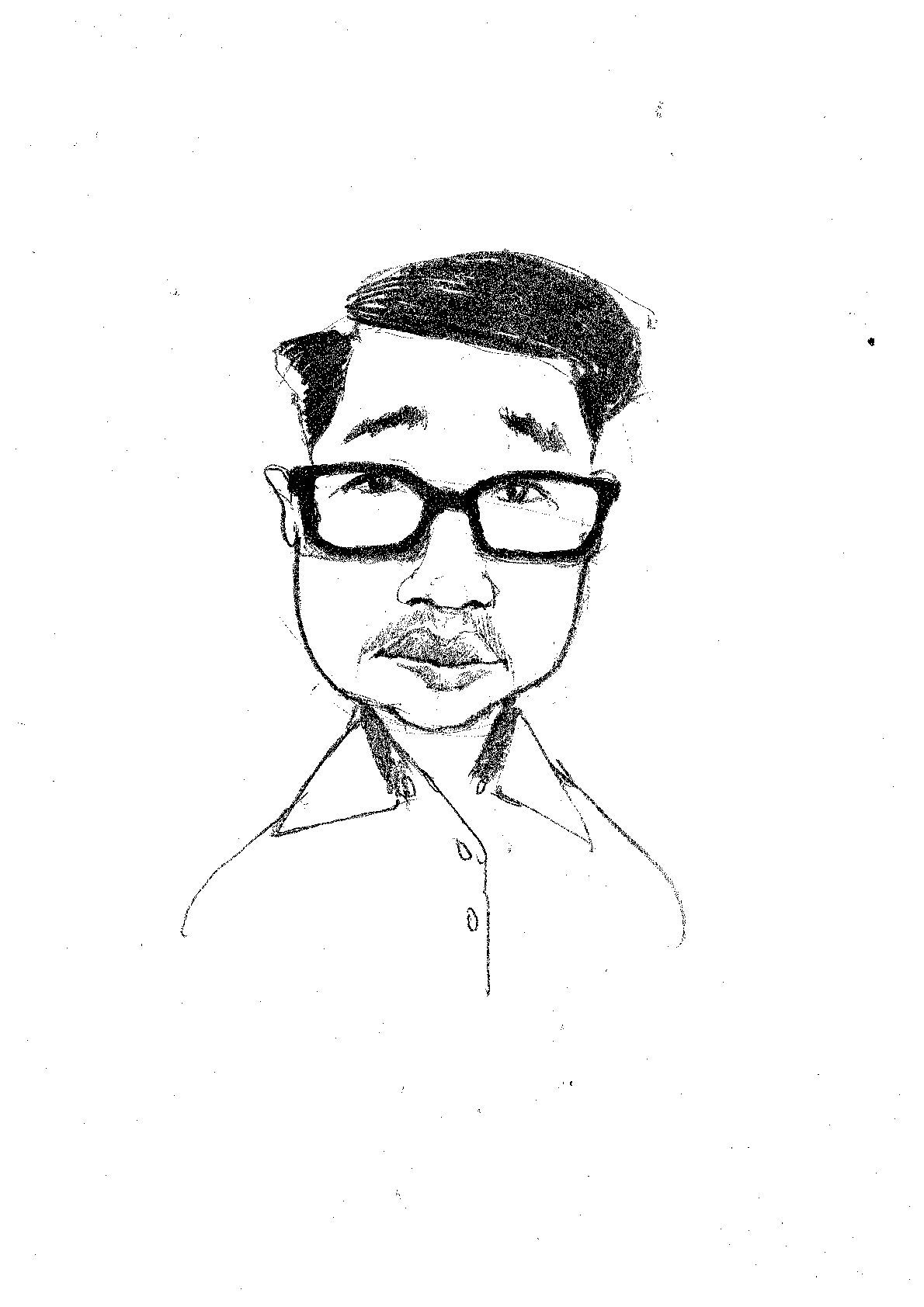 Un dessin en noir et blanc d'un homme portant des lunettes et une moustache.