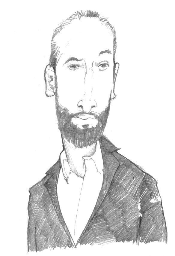 Un dessin au crayon d'un homme avec une barbe portant un costume et une cravate.