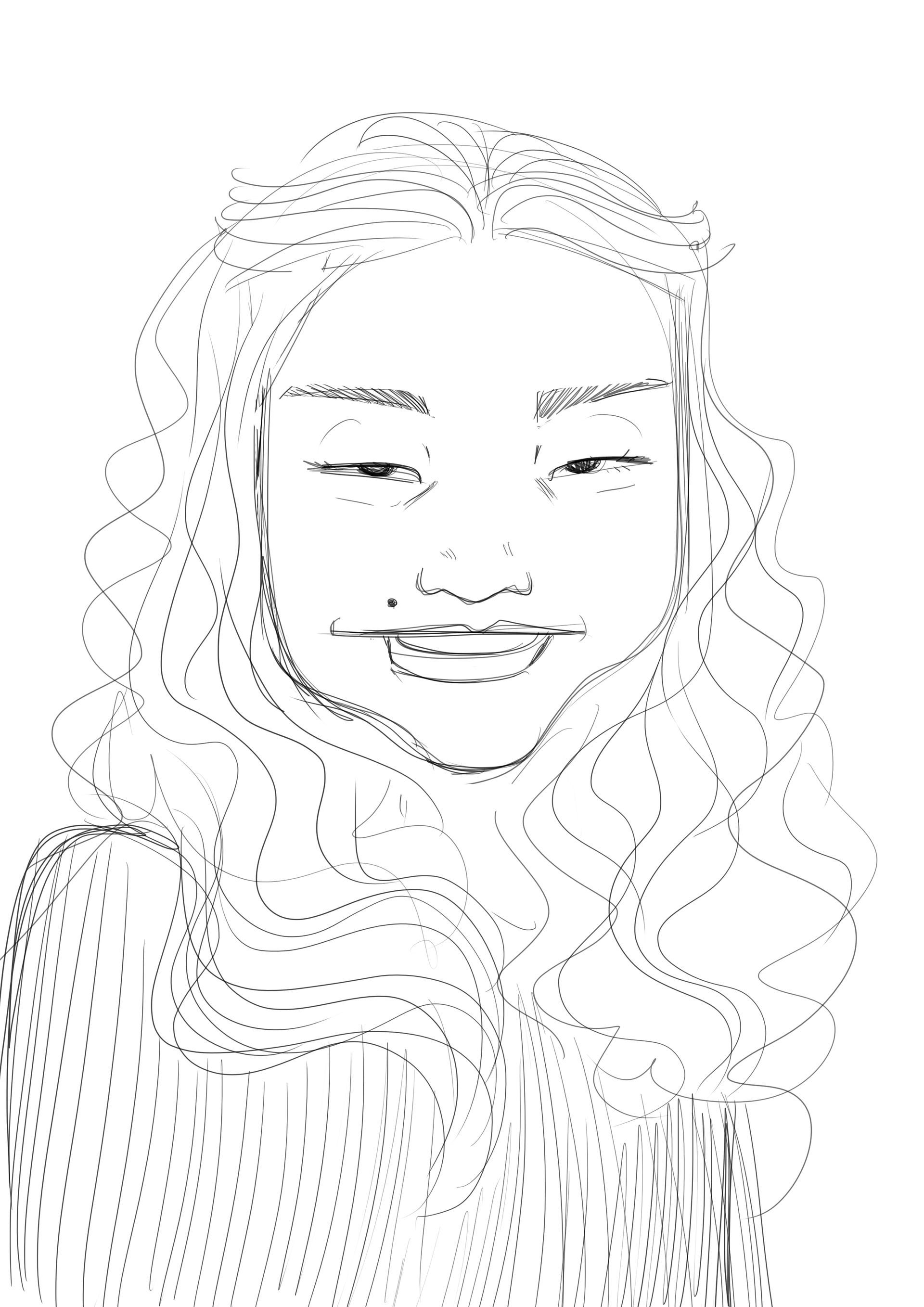 Un dessin en noir et blanc d'un homme en chemise rayée.