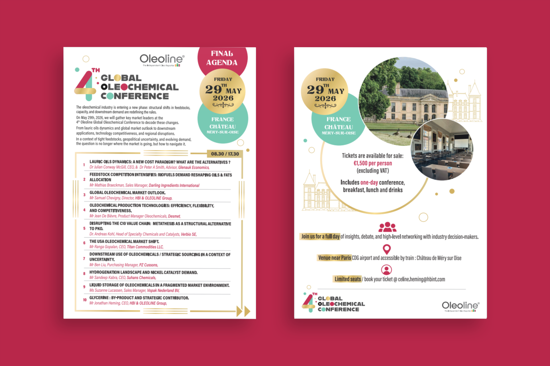 Event flyer for the 4th Global Oleochemical Conference held on May 28-29, 2024, detailing schedules and location.