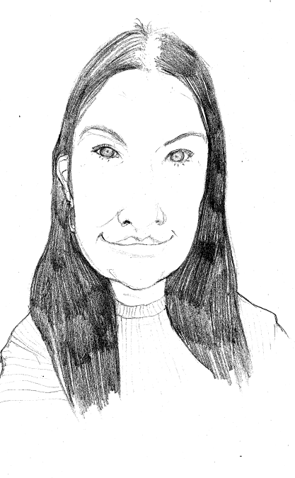 Un dessin en noir et blanc d'une femme aux cheveux longs.