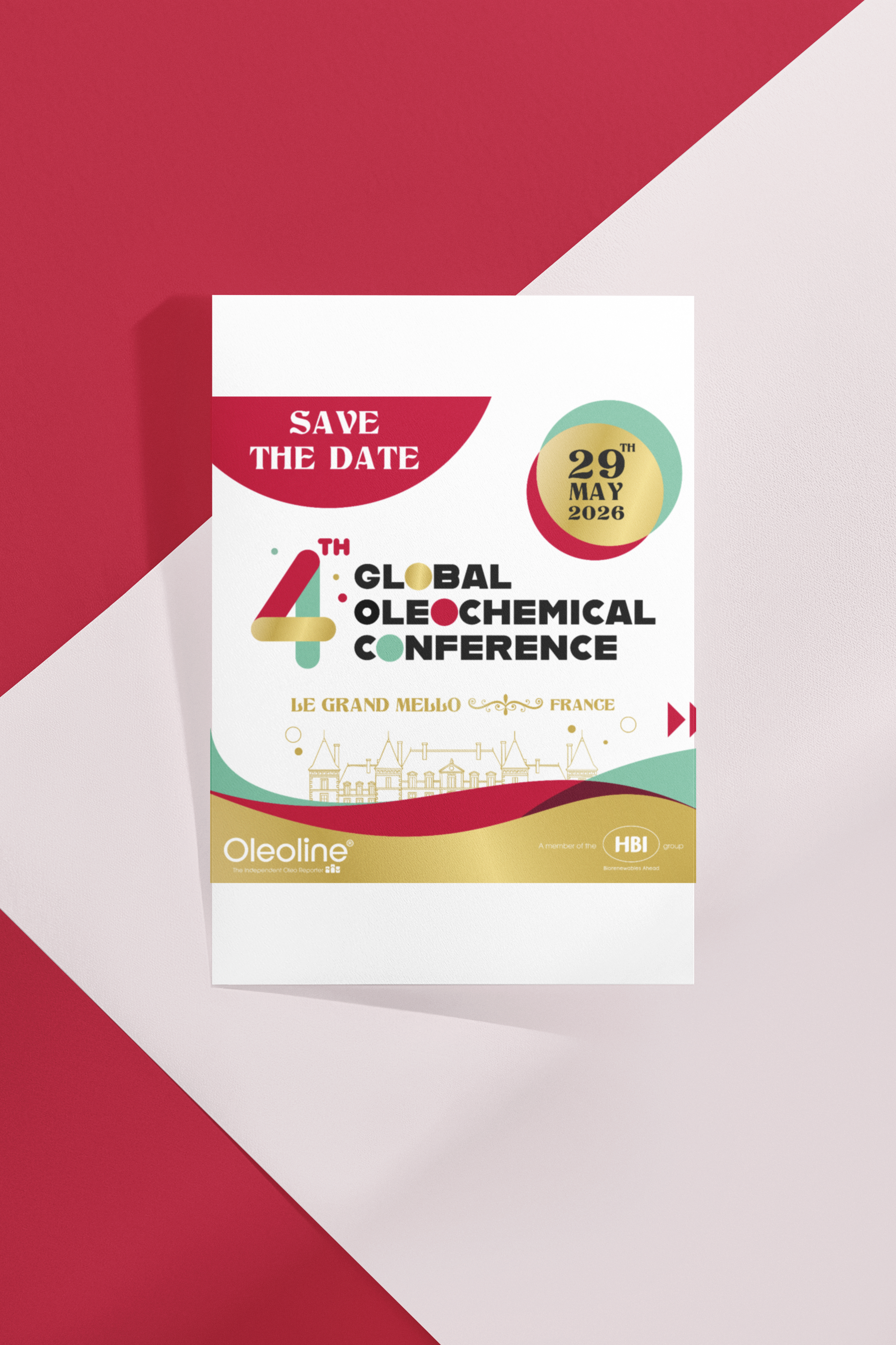 Save-the-date card for the 4th Global Oleochemical Conference; red, white, and gold design with dates 29th-30th May.